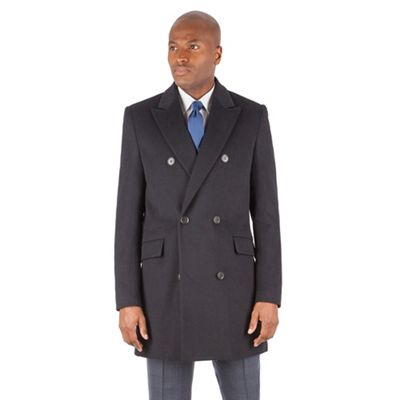 Navy textured wool blend double breasted tailored fit coat